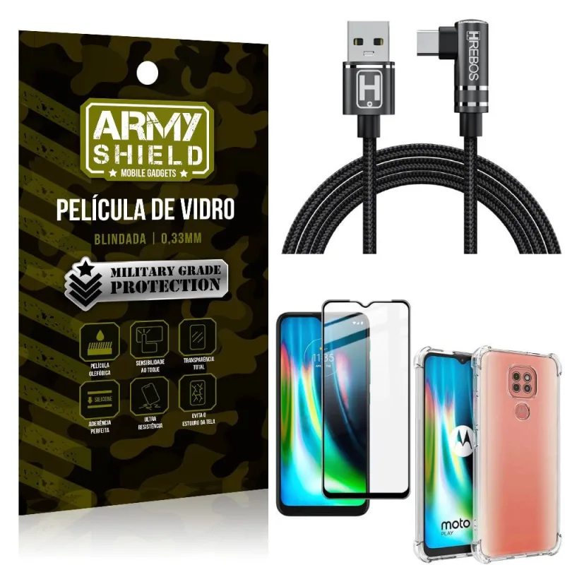 Kit Moto G9 Play Cabo em L Tipo C HS180 + Capinha + Película 3D - Armyshield - Não Disponível - Computadores E Informática