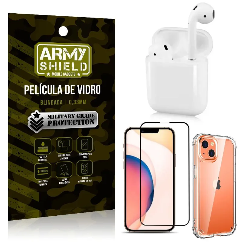 Fone Bluetooth LY-122 iPhone 13 6.1 + Capinha Anti Impacto + Película 3D - Armyshield