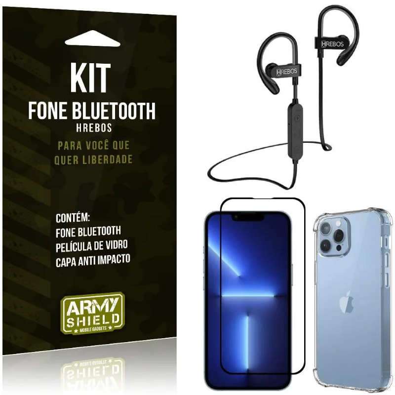 Kit iPhone 13 Pro Max 6.7 Fone Bluetooth HS188 + Película 3D + Capa Anti Impacto - Armyshield