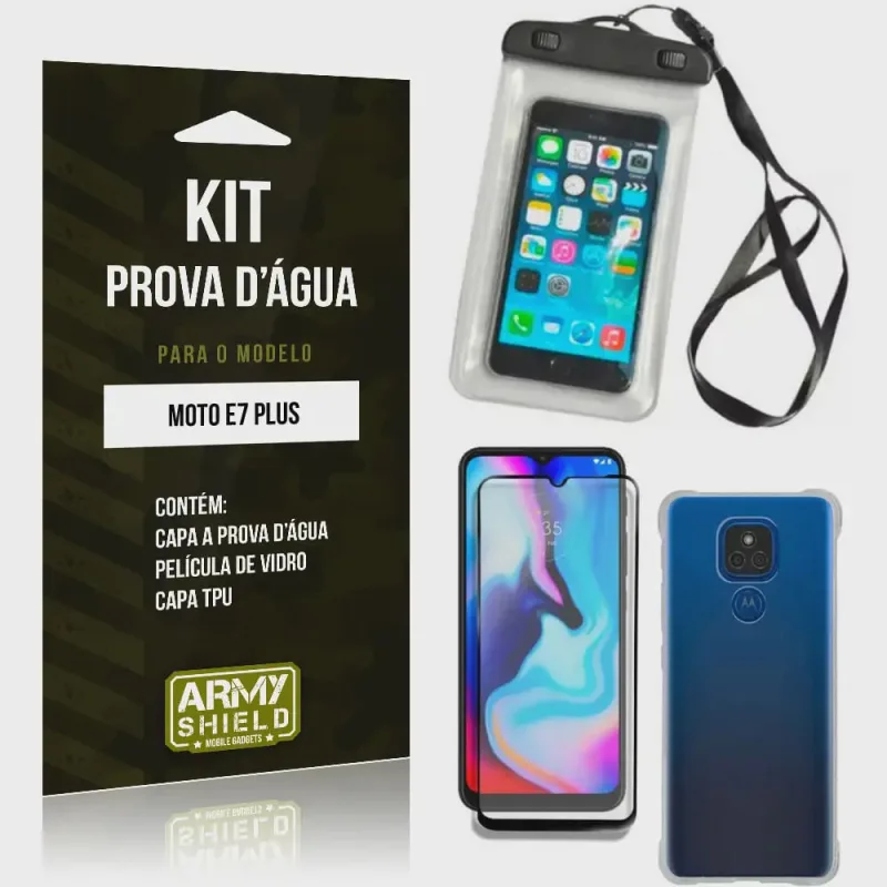 Kit Moto E7 Plus Capinha Prova D'água + Capa Anti Impacto + Película 3D - Armyshield - ArmyShield - Celulares E Smartphones