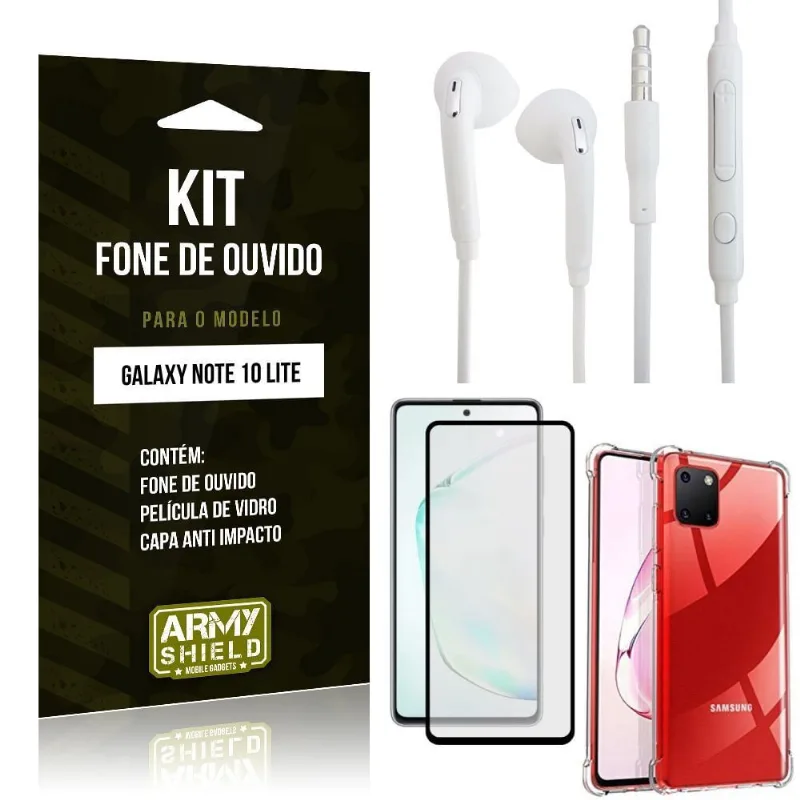 Kit Fone de Ouvido Galaxy Note 10 Lite + Capa Anti Impacto + Película Vidro 3D - Armyshield