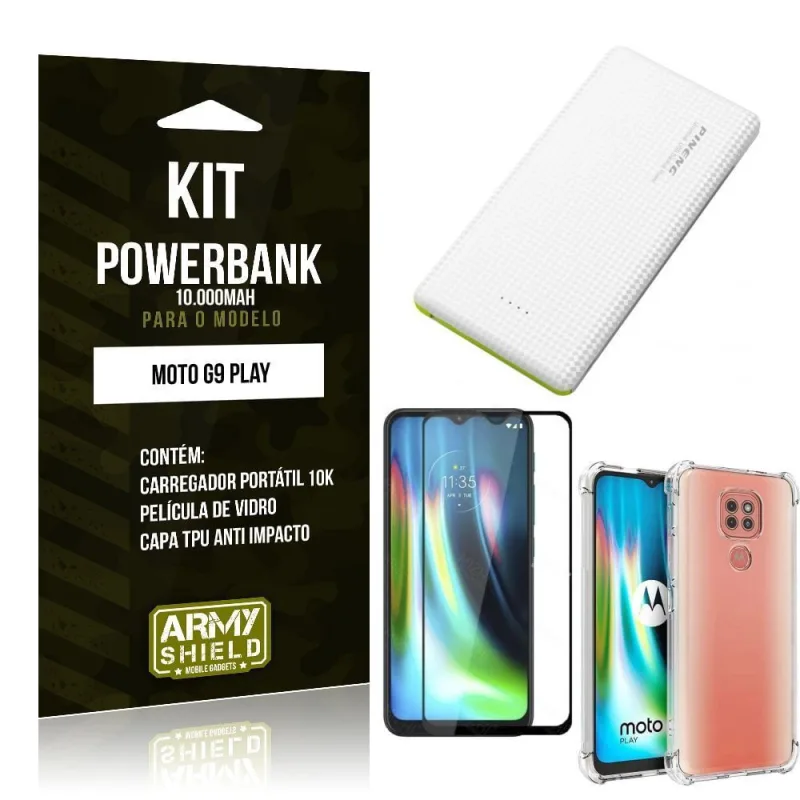 Kit Carregador Portátil 10K Tipo C Moto G9 Play + Capa Anti Impacto + Película Vidro 3D - Armyshield - ArmyShield