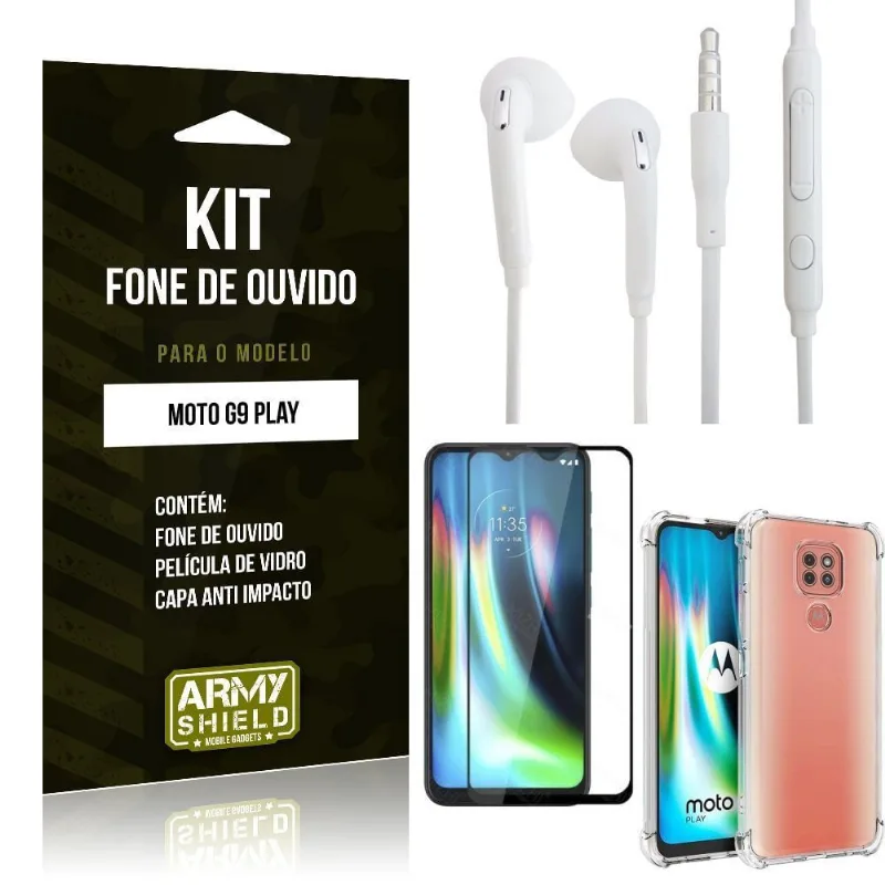 Kit Fone de Ouvido Moto G9 Play + Capa Anti Impacto + Película Vidro 3D - Armyshield