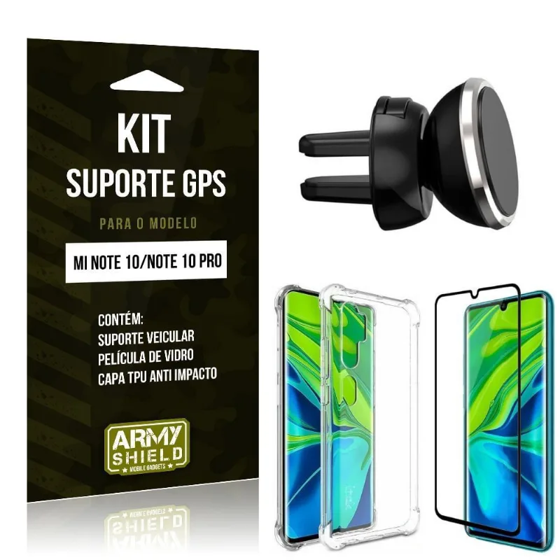 Kit Suporte Veicular Magnético Mi Note 10 Suporte + Capinha Anti Impacto + Película Vidro - Armyshield