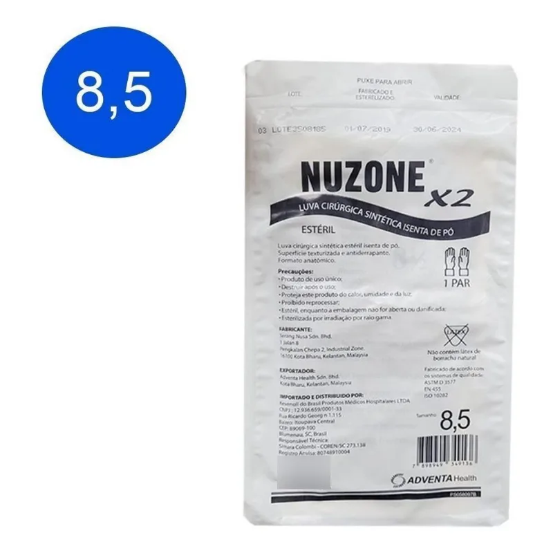 Luva Cirúrgica Látex S/ Pó Nuzone 1 Par Tamanho: 8,5
