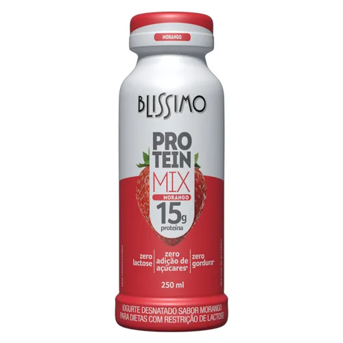 IOGURTE DESNATADO MORANGO ZERO LACTOSE BLISSIMO PROTEIN MIX FRASCO 250ML - BLISSIMO