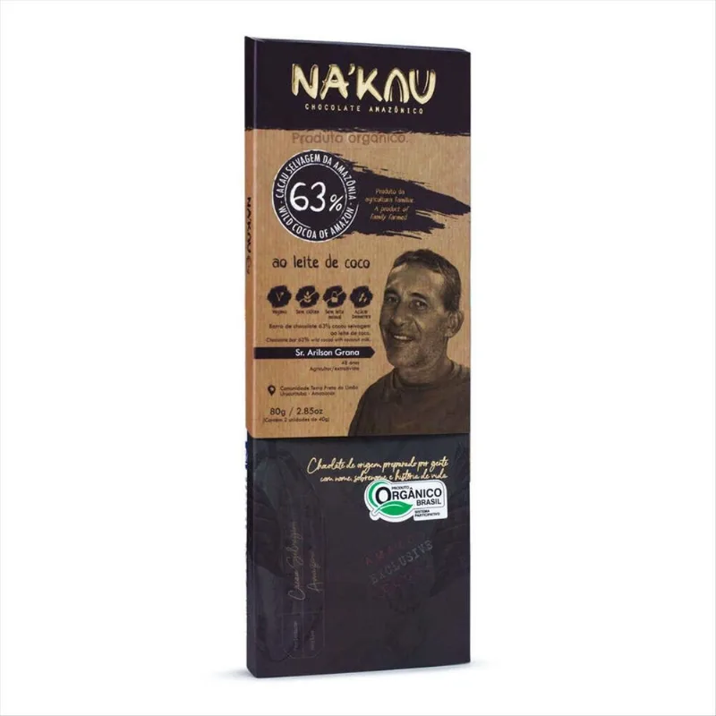 Chocolate Orgânico Vegano 63% Cacau Nakau ao Leite de Coco 80g