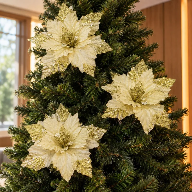 Flor Natal Artificial Glitter Dourada Enfeite 22cm Kit 8pçs