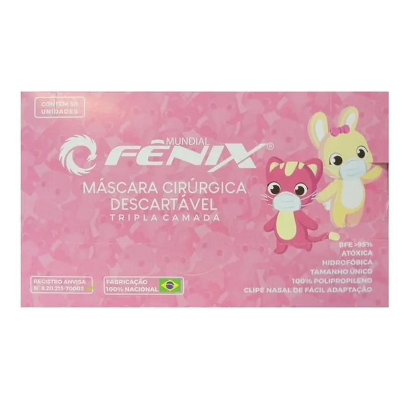Fênix Máscara Cirúrgica Infantil Descartável Tripla Camada 50 Unidades - Rosa