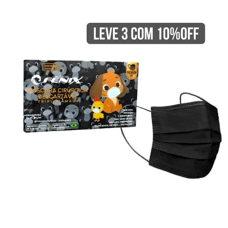 MASCARA DESCARTAVEL INFANTIL C/ 50 TNT TRIPLA COM ELASTICO CONFORT PRETO