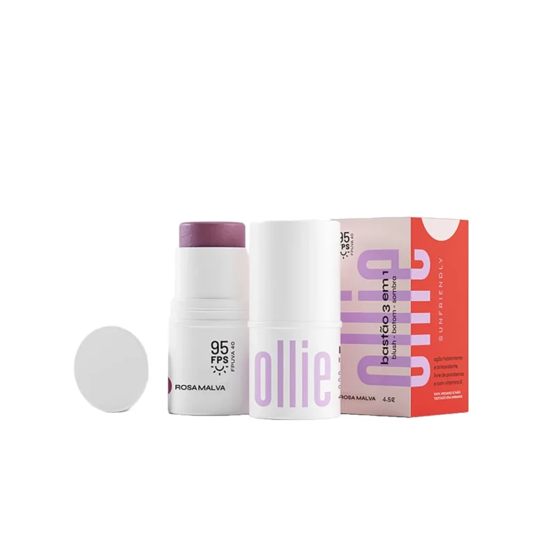 Protetor Solar em Bastão 3 em 1 Ollie Blush, Batom e Sombra FPS95 Rosa Malva 4,5g - Ollie