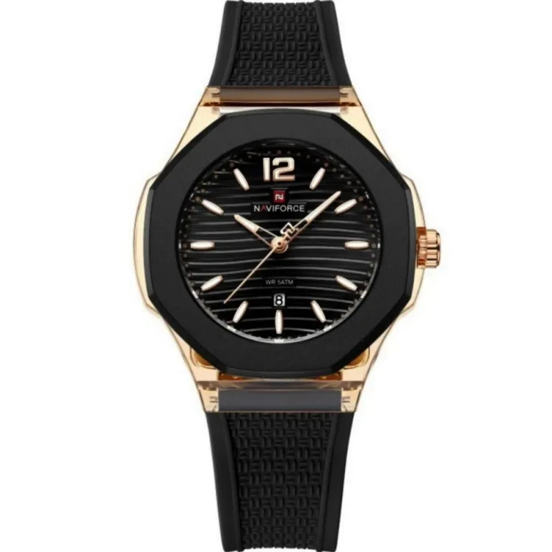 Relógio de Pulso Feminino Quartzo 5atm Analógico Silicone à Prova D'água Preto Dourado Naviforce - Naviforce - Agro