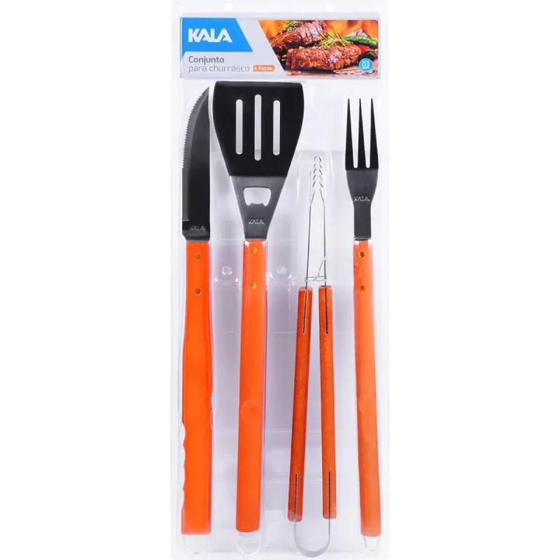 Conjunto Churrasco 4 Peças Aço Inox Kala 199060 Madeira - Kala - Utilidades Domesticas