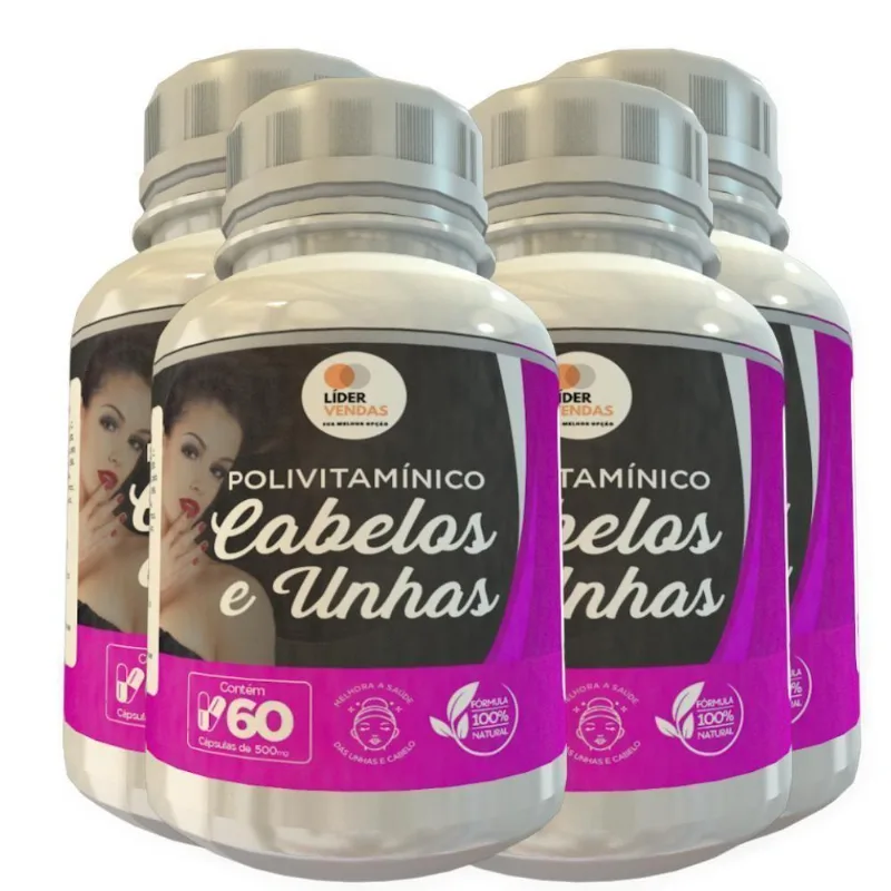 POLIVITAMÍNICO CABELOS/UNHAS 500MG 60 CÁPS KIT COM 4 POTES