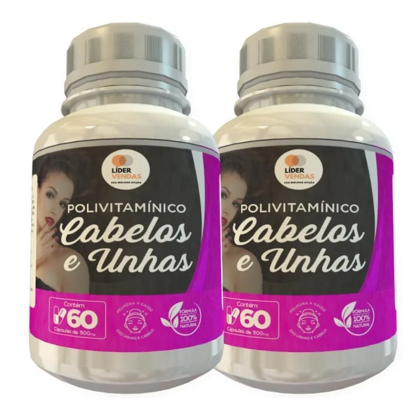 POLIVITAMÍNICO CABELOS E UNHAS 500MG 60 CÁPS KIT C/2 POTES