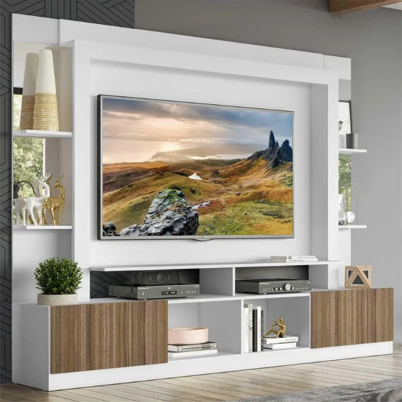 Rack c/ Painel TV 65" Prateleiras c/ Espelho Oslo Multimóveis Branco/Madeirado - Multimoveis