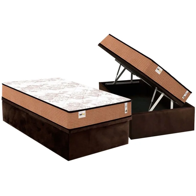 Cama Box Baú Solteiro: Colchão Molas MasterPocket Ensacadas Plumatex Smart Classic + Base crc Suede Brown (88x188) - Plumatex - Móveis