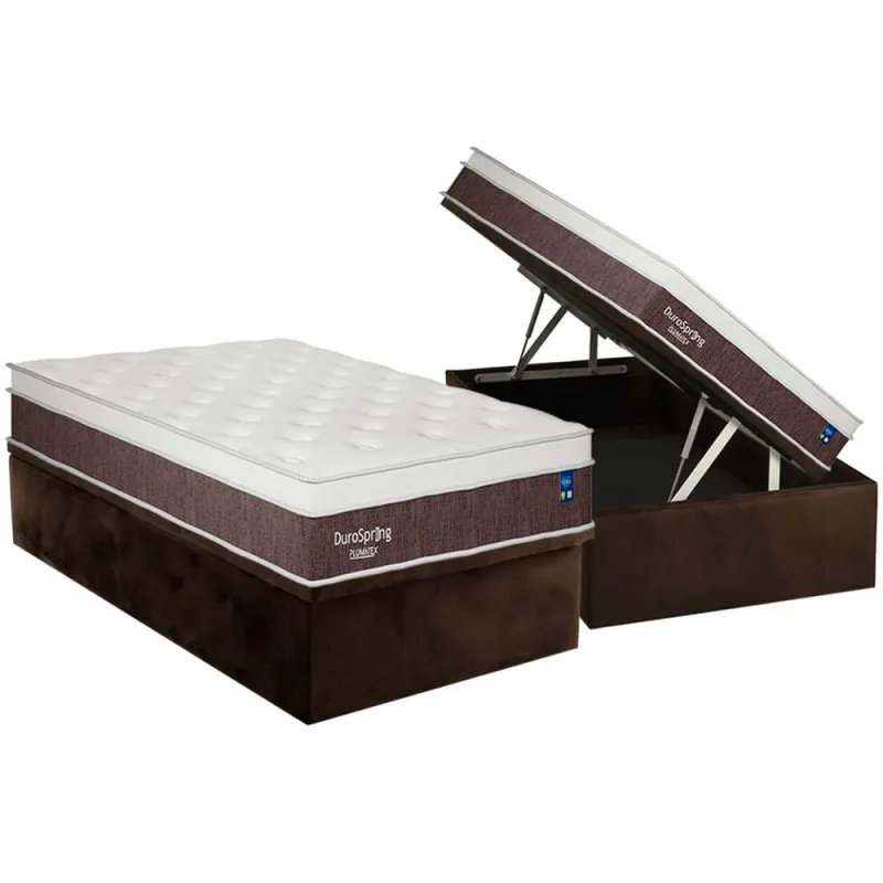Cama Box Baú Solteiro: Colchão Molas Bonnel Plumatex Superlastic DuroSpring + Base crc Suede Brown (88x188) - Plumatex - Móveis