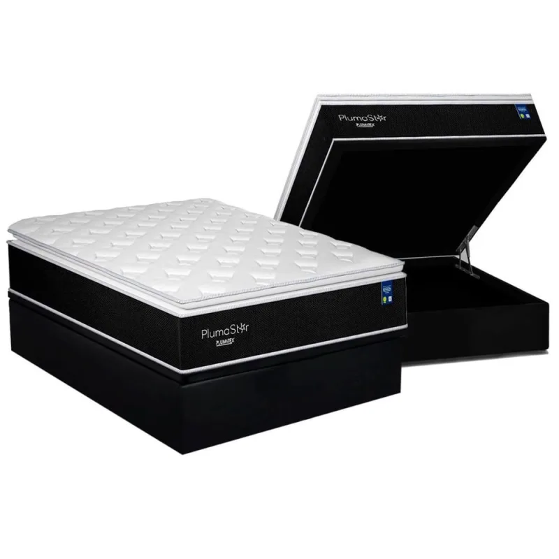 Cama Box Baú Casal: Colchão Molas Bonnel Plumatex Ensacadas Plumastar + Base crc Suede Black (138x188) - Plumatex - Móveis