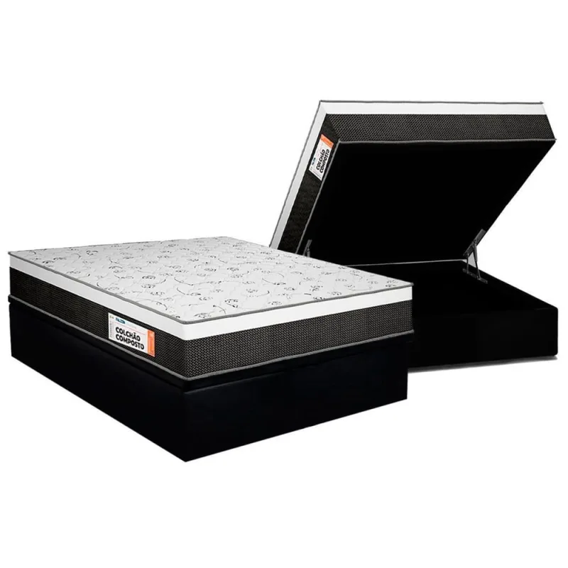 Cama Box Baú Queen: Colchão Anatômico Plumatex Falcon Ultra Firme + Base crc Suede Black (158x198) - Plumatex - Móveis