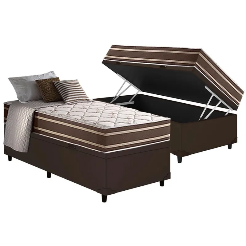 Cama Box Baú Solteiro: Colchão Molas MasterPocket Ensacadas Anjos Duo Sono + Base Courano Brown(88x188) - Não Disponível - Móveis