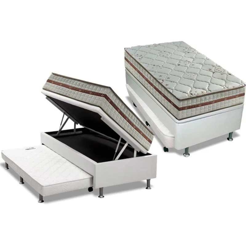 Cama Box Baú c/ Auxiliar Solteiro: Colchão Molas D Angelis Anjos Ensacadas Classic + Base crc Courano Branco (88x188) - Não Disponível - Móveis