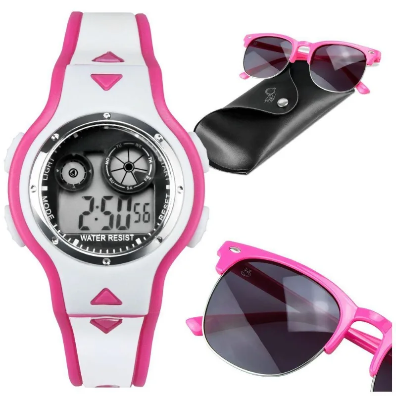 Relógio Digital Infantil Led Rosa + Óculos + Case Premium