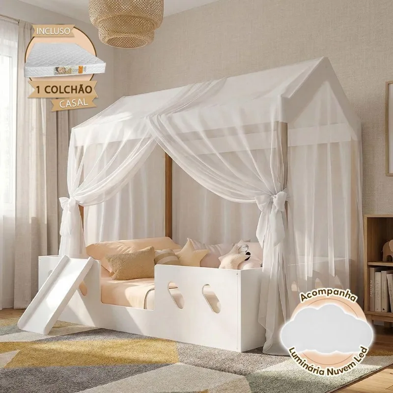 Cama Infantil Montessoriana Casinha Isa com Colchão Casal Escorregador MDF Branco Isa Baby