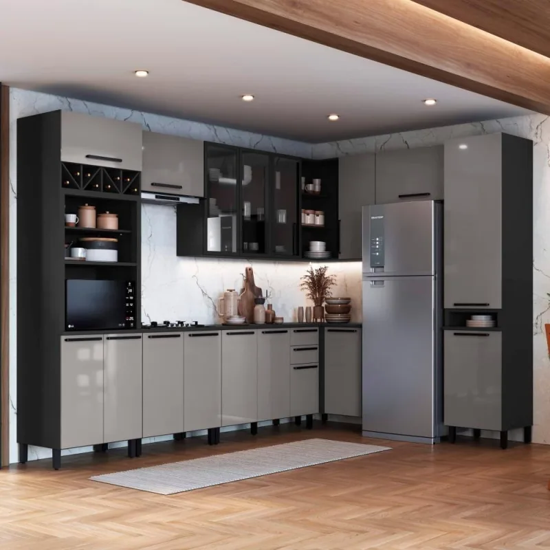 Cozinha Completa Modulada de Canto Mônaco 16 Portas 3 Gavetas 549CM Chumbo Titânio Fidelita Móveis - OUTRAS - Agro