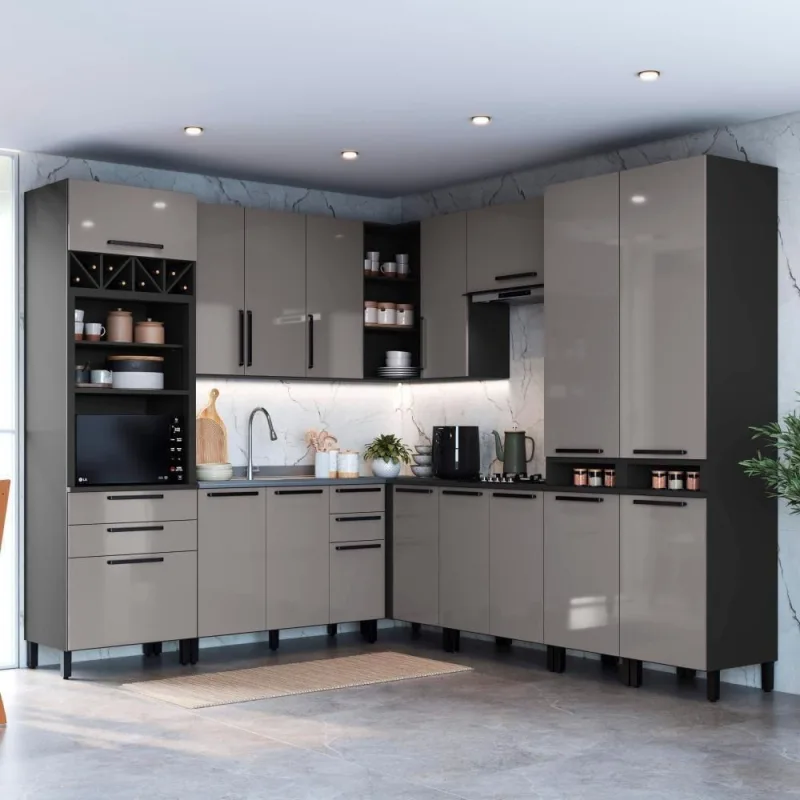 Cozinha Completa Modulada de Canto Mônaco 15 Portas 6 Gavetas MDF-MDP Chumbo-titânio Fidelita Móveis - OUTRAS - Agro