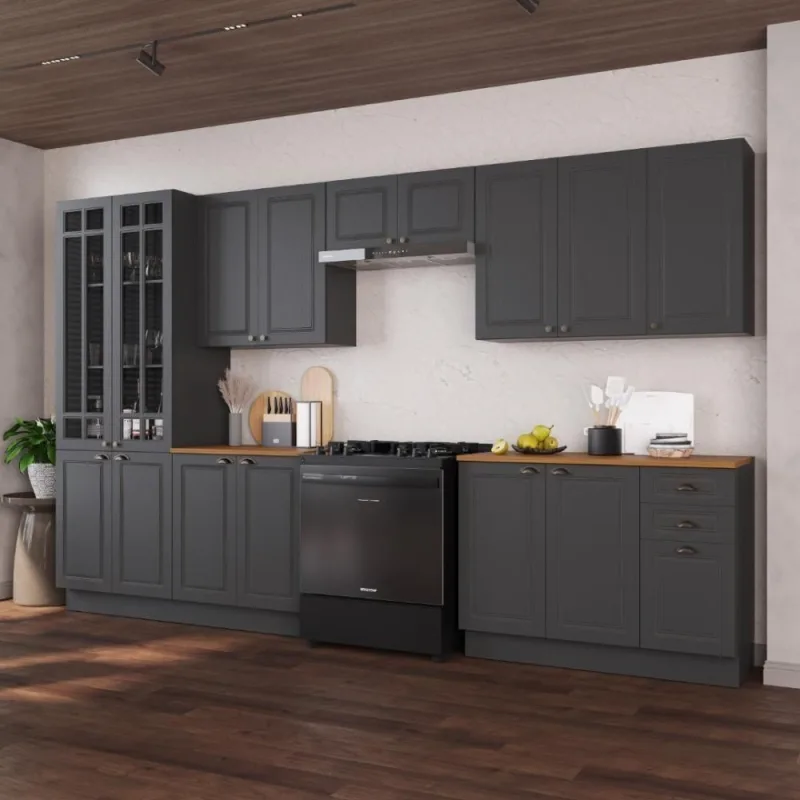 Cozinha Completa Modulada Nara 16 Portas 2 Gavetas MDF 360cm Chumbo Fidelita Móveis - OUTRAS - Agro
