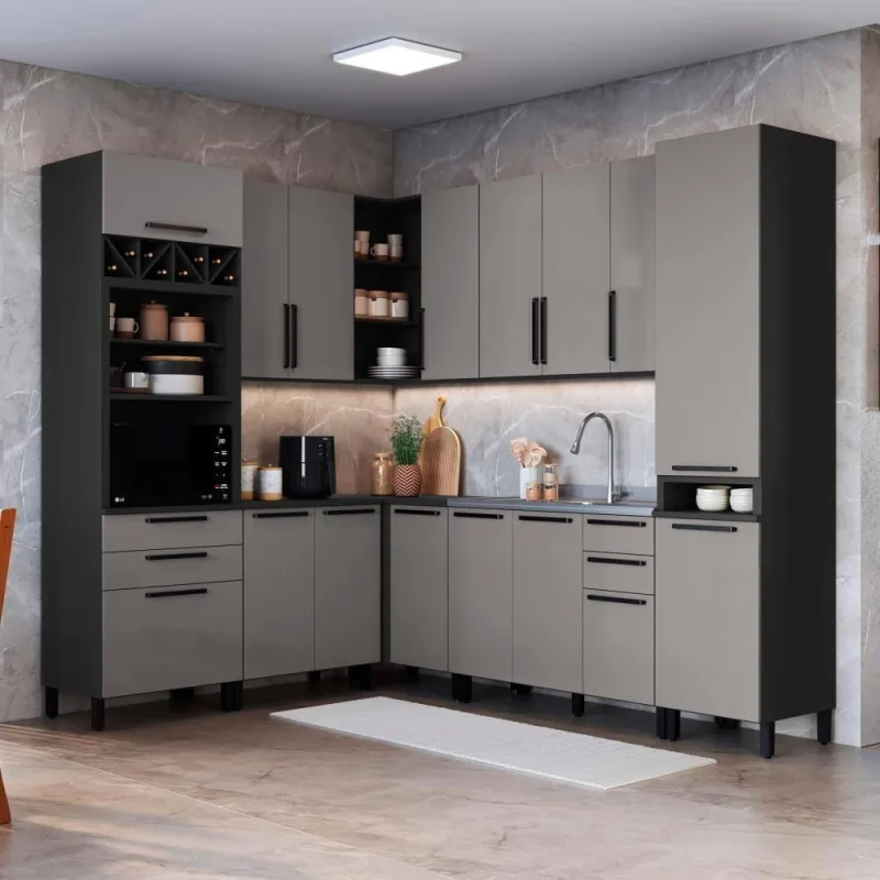 Cozinha Completa Modulada de Canto Mônaco 14 Portas 6 Gavetas MDF-MDP Chumbo-titânio Fidelita Móveis - OUTRAS - Agro