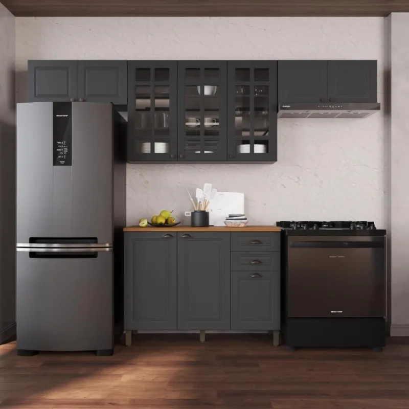 Cozinha Compacta Modulada Nara 10 Portas 2 Gavetas MDF 280CM Chumbo Fidelita Móveis - OUTRAS - Agro
