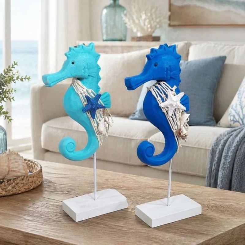 Cavalo Marinho Azul Enfeite Decorativo Praia 30cm Kit 2pçs