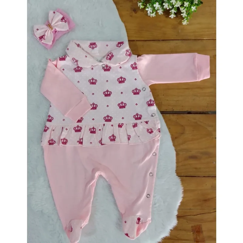 Macacão Longo Para Bebê Menina Nobreza Rosa - 02 Peças.
