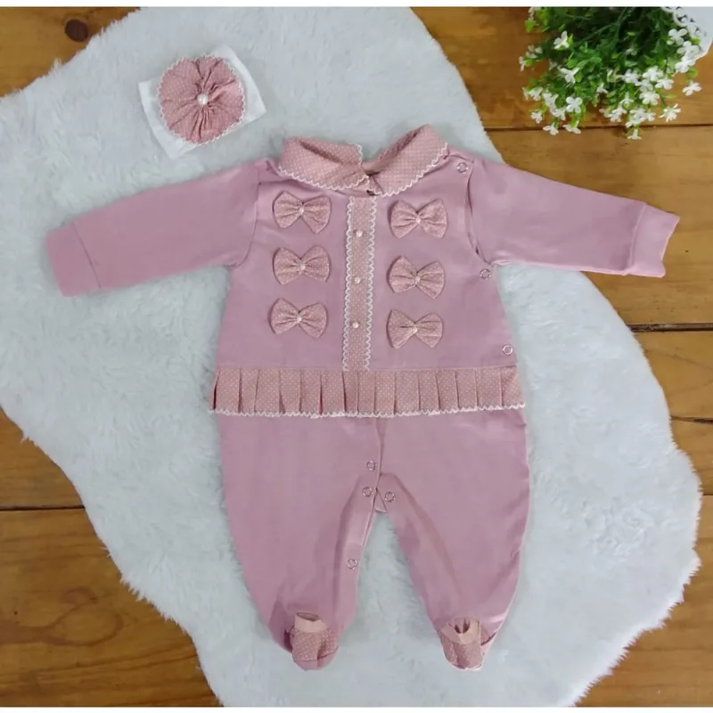 Macacão Para Bebê Menina Longo Dengosa Rosa Decor 02 Peças.