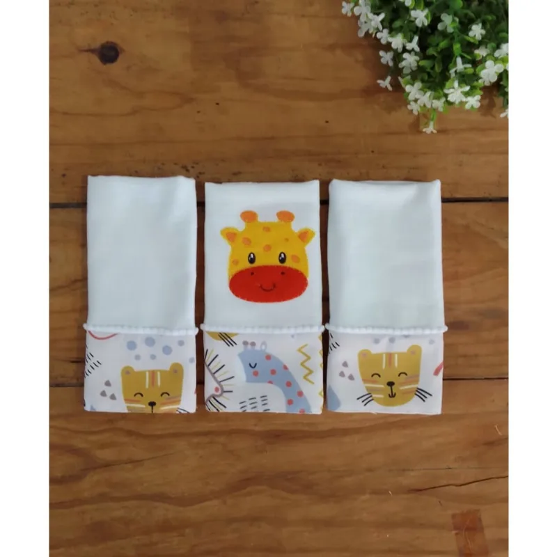 Fralda de Boca Estampada Bordada 30x40 animaizinhos com Tecido Duplo - 03 Peças