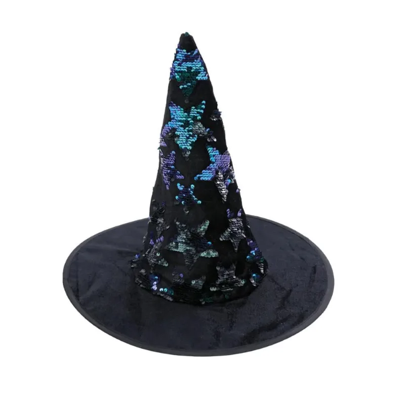Chapéu Bruxa Preto Infantil Com Estrelas Paetê Brilhantes Halloween