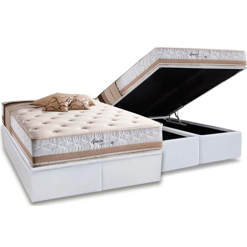 Cama Box Baú Queen: Colchão Molas Herval Maxspring Spain + Base crc Courano White(158x198) - Não Disponível - Móveis