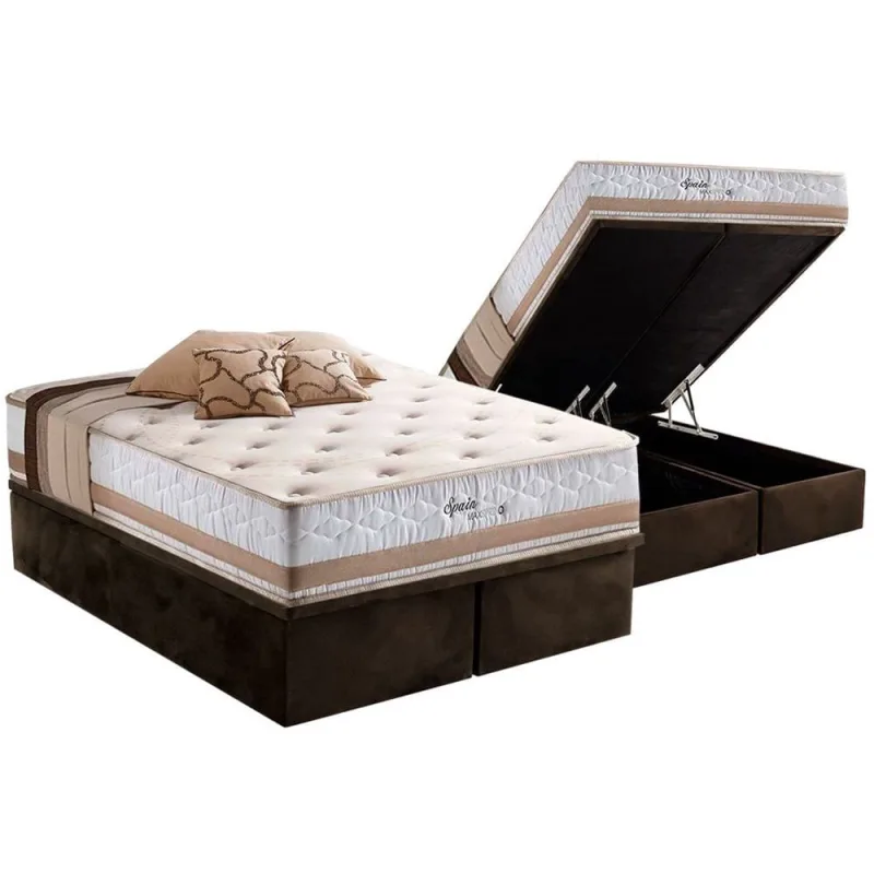 Cama Box Baú King: Colchão Molas Herval Maxspring Spain + Base crc Suede Brown(193x203) - Não Disponível - Móveis