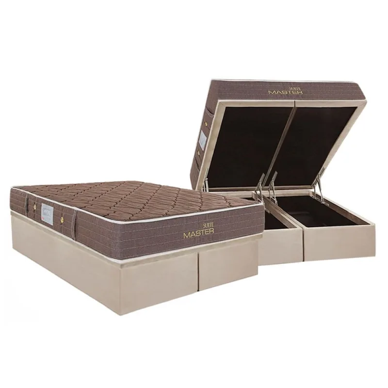 Cama Box Baú King: Colchão Molas Herval Bonnel Suite Master + Base crc Suede Clean(193x203) - Não Disponível - Móveis