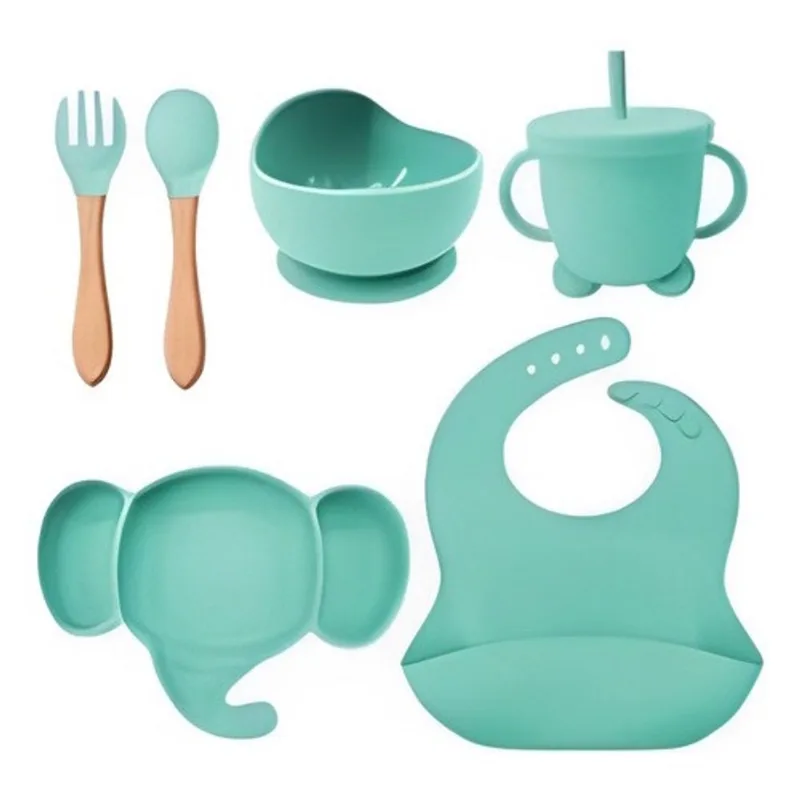 Kit Alimentação Bebê Silicone Prato Copo Talher Babador Pote
