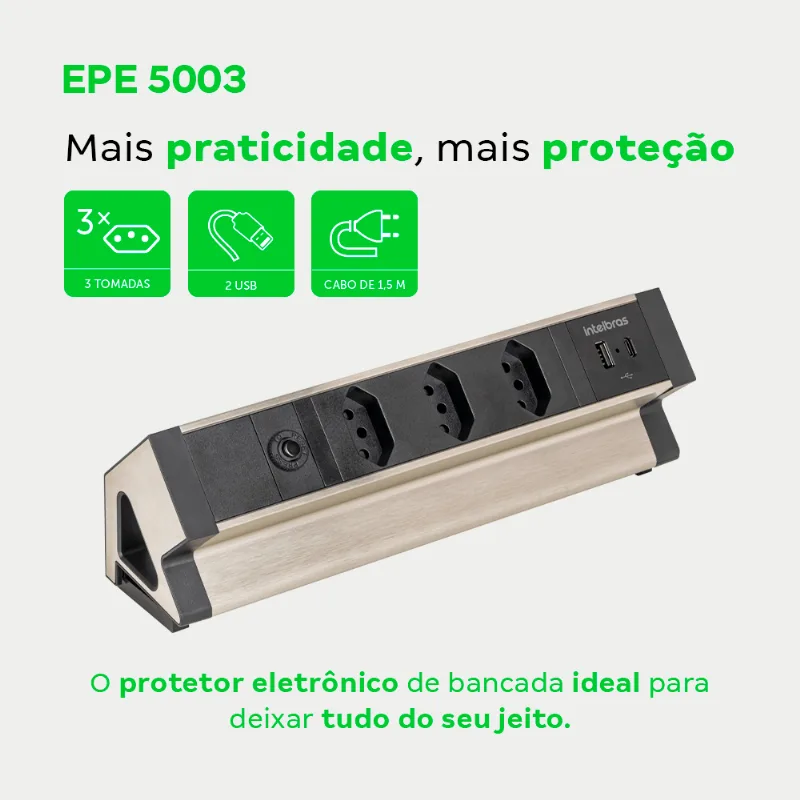 Protetor Eletrônico De Bancada Epe 5003 Intelbras Com 3 Tomadas E 2 Usb