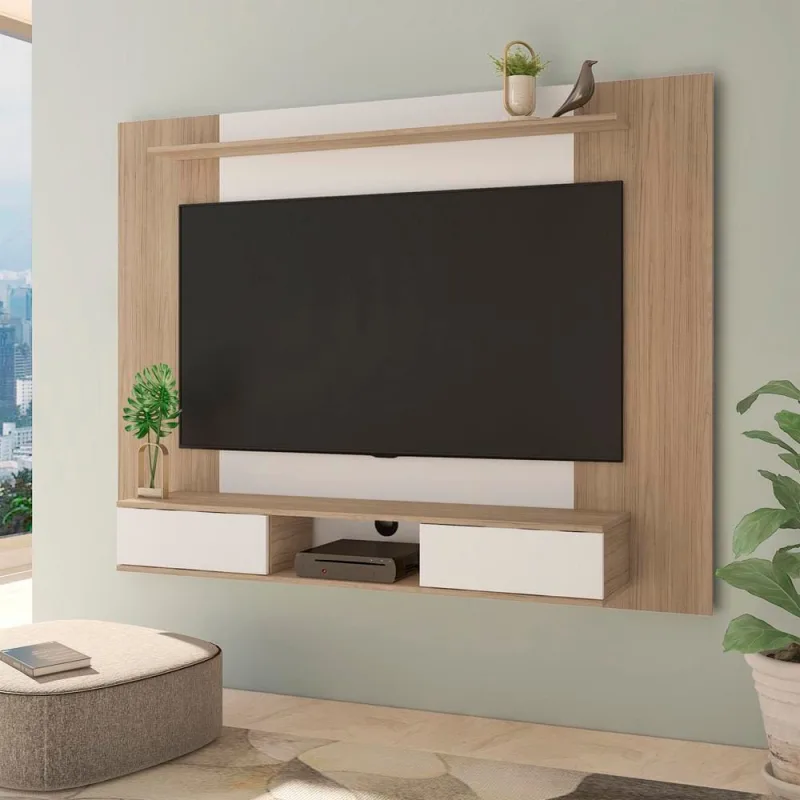 Painel Artely Nevada com 2 Portas e 3 Nichos, 176cm de Largura, Ideal para TV de até 75`` – Carvalho/Off White - Artely - Móveis