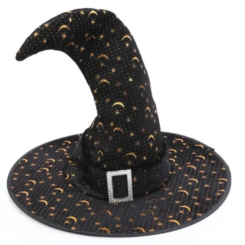 Chapéu Bruxa Halloween Preto com Lua e Estrelas Douradas Com Fivela