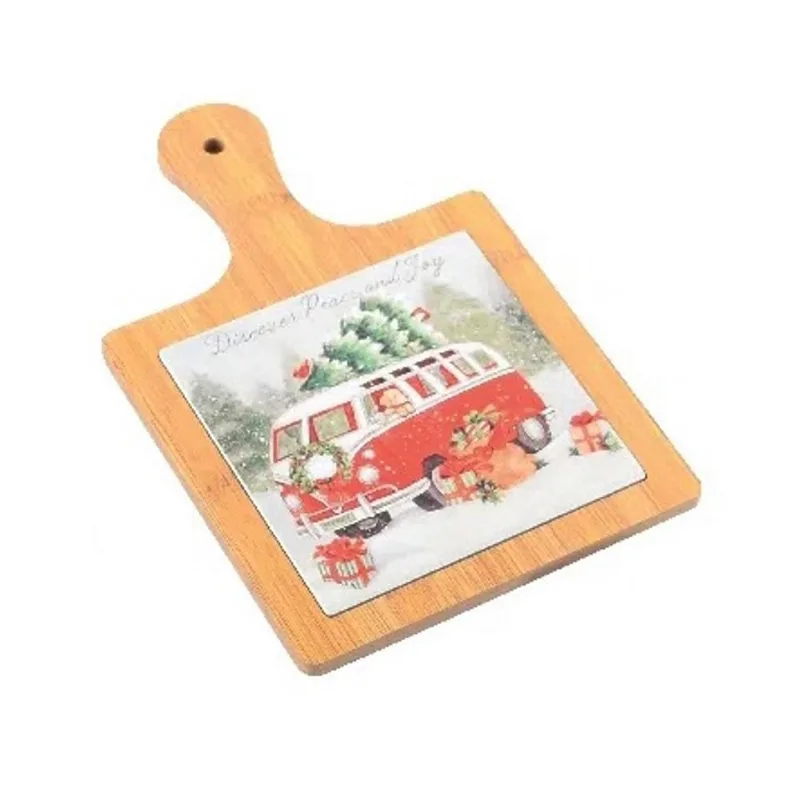 Tabua madeira E ceramica com kombi do papai noel 29cm