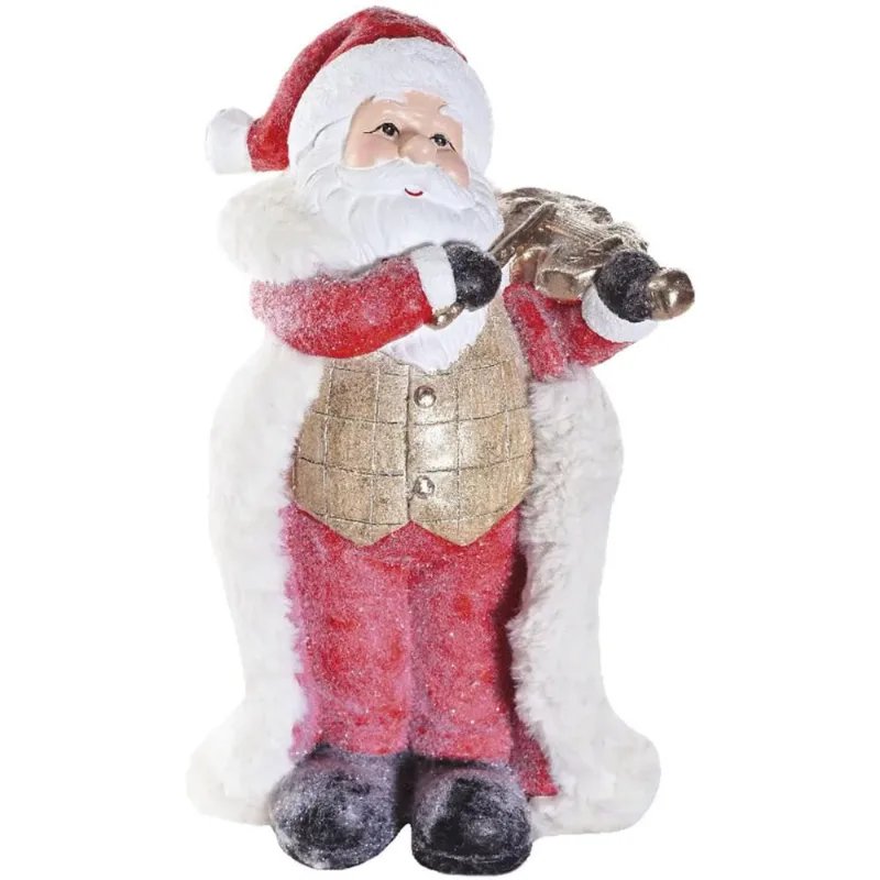 Enfeite Natal Luxo Papai Noel Grande Estatua em Resina com Violino Dourado 43 cm Decoracoa Casa Rack Aparador