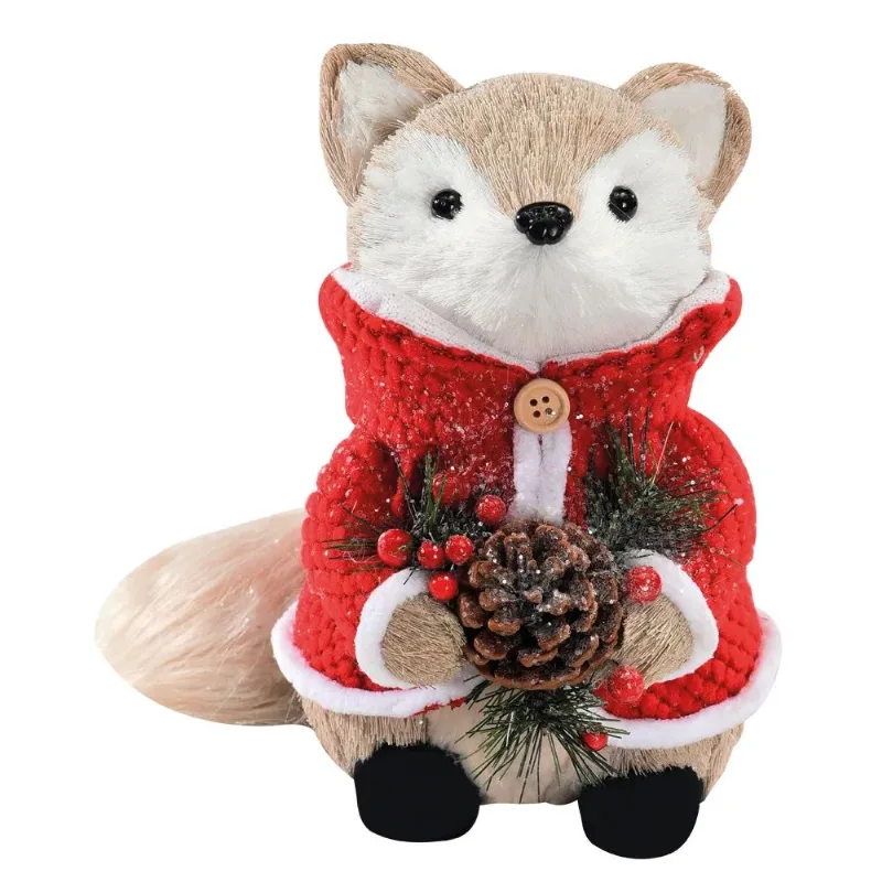 Raposa Decorativo Com Pinha Vermelho E Bege Cromus 20cm