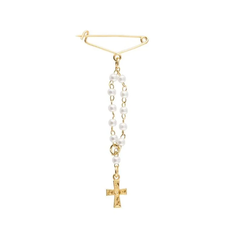 Broche Dezena Pérola Creme Dourado com Cruz