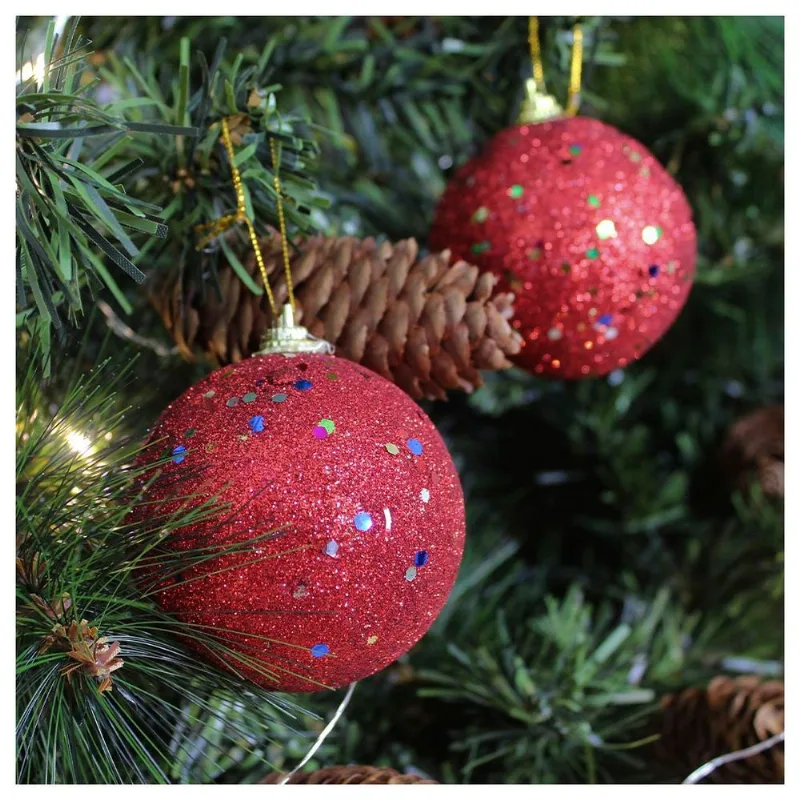 48 Bolas Enfeite Natalino Árvore Natal Vermelho Glitter 70mm